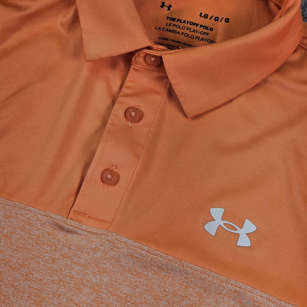 Under Armour Polo Shirt Mens Large Orange White Playoff Polo Golf Loose Fit - Picture 3 of 8
